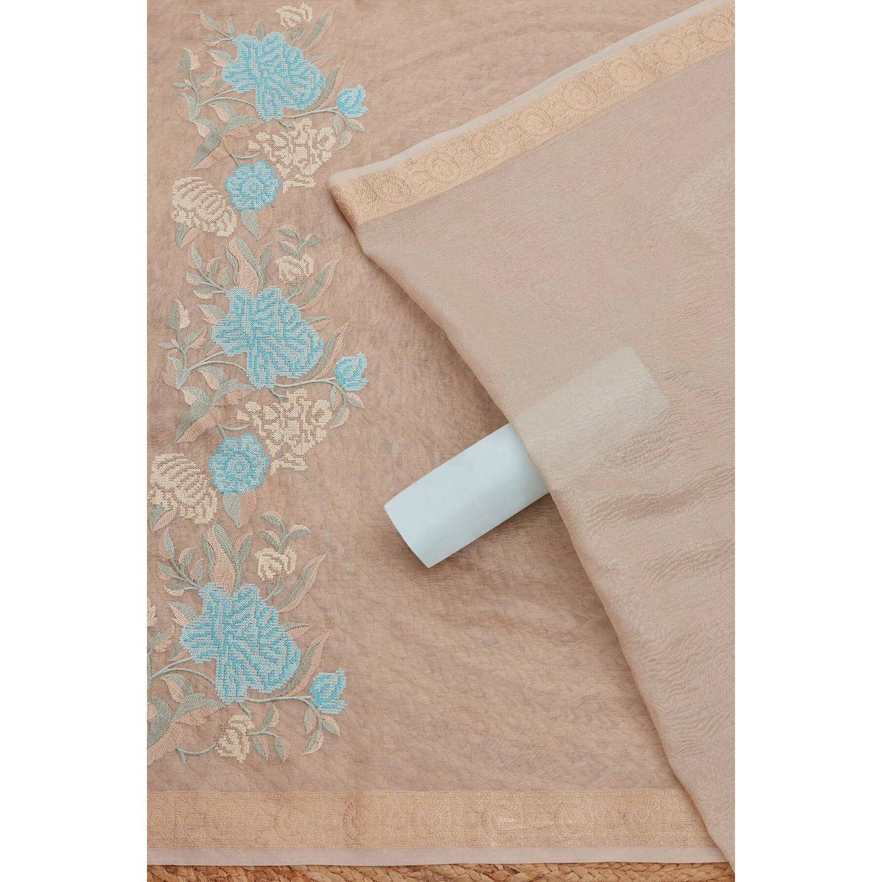 Soch Womens Beige Crushed Tissue Embroidered Unstitch Dress Material With Thread Work