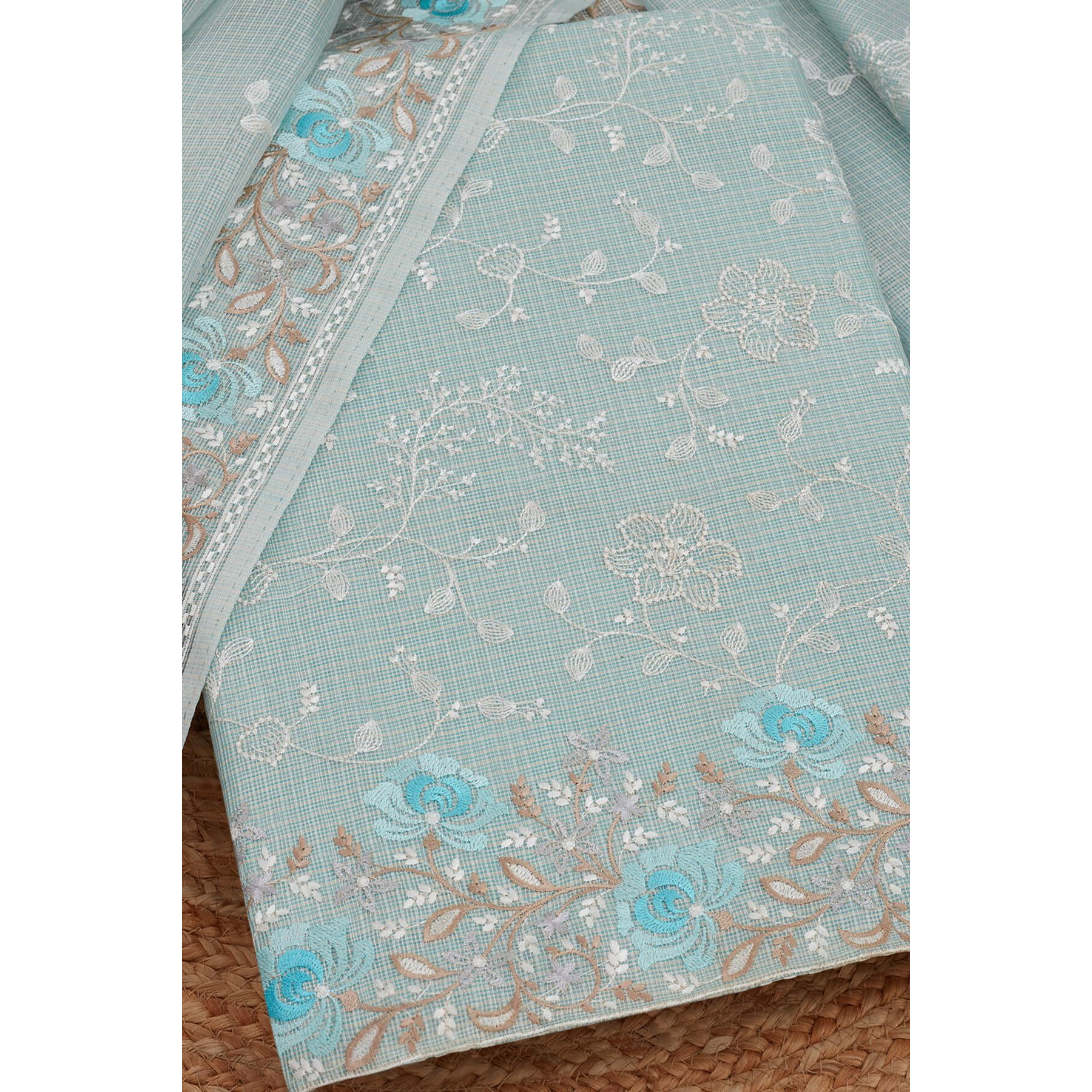 Soch Womens Powder Blue Kota Shimmer Embroidered Unstitch Dress Material With Thread Work