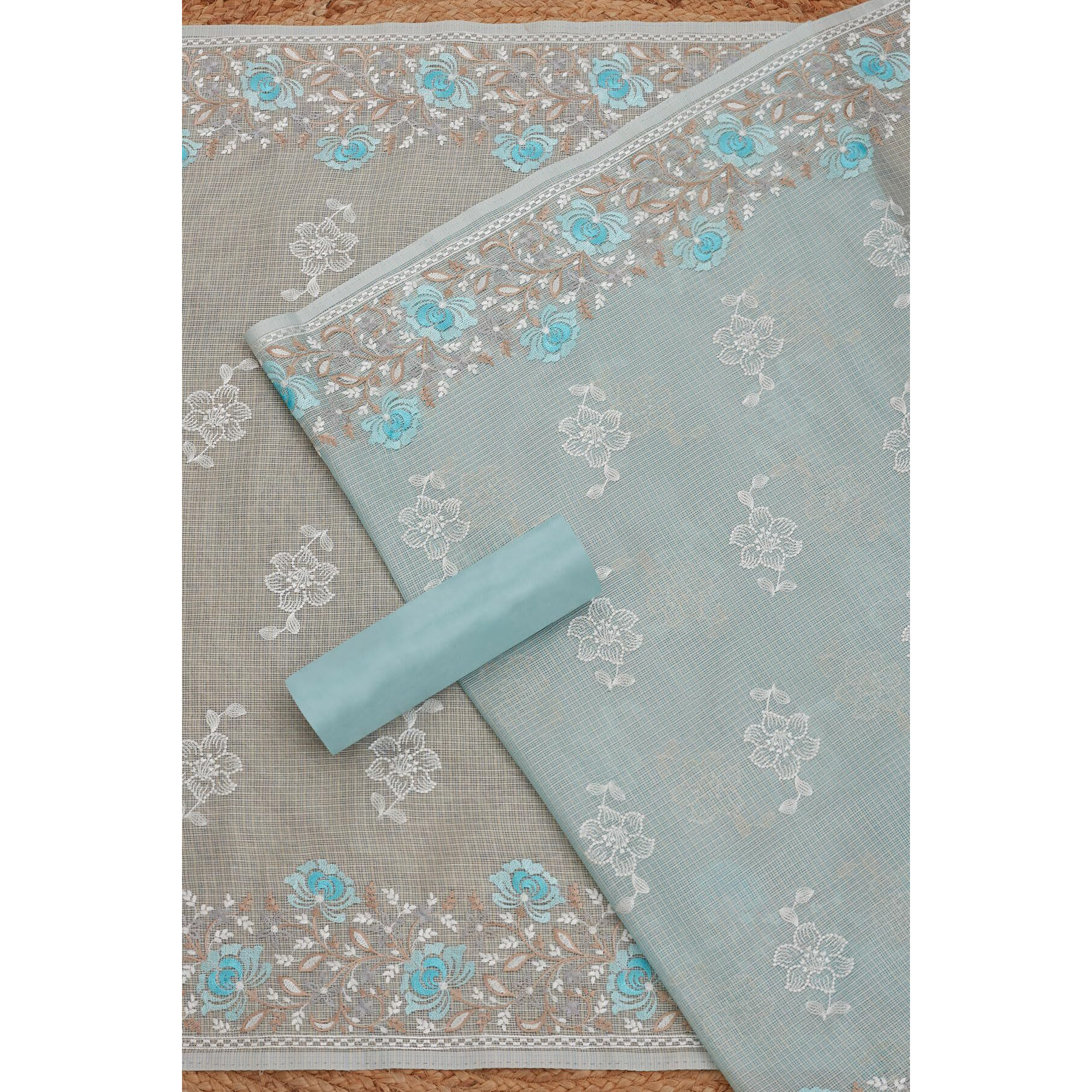 Soch Womens Powder Blue Kota Shimmer Embroidered Unstitch Dress Material With Thread Work