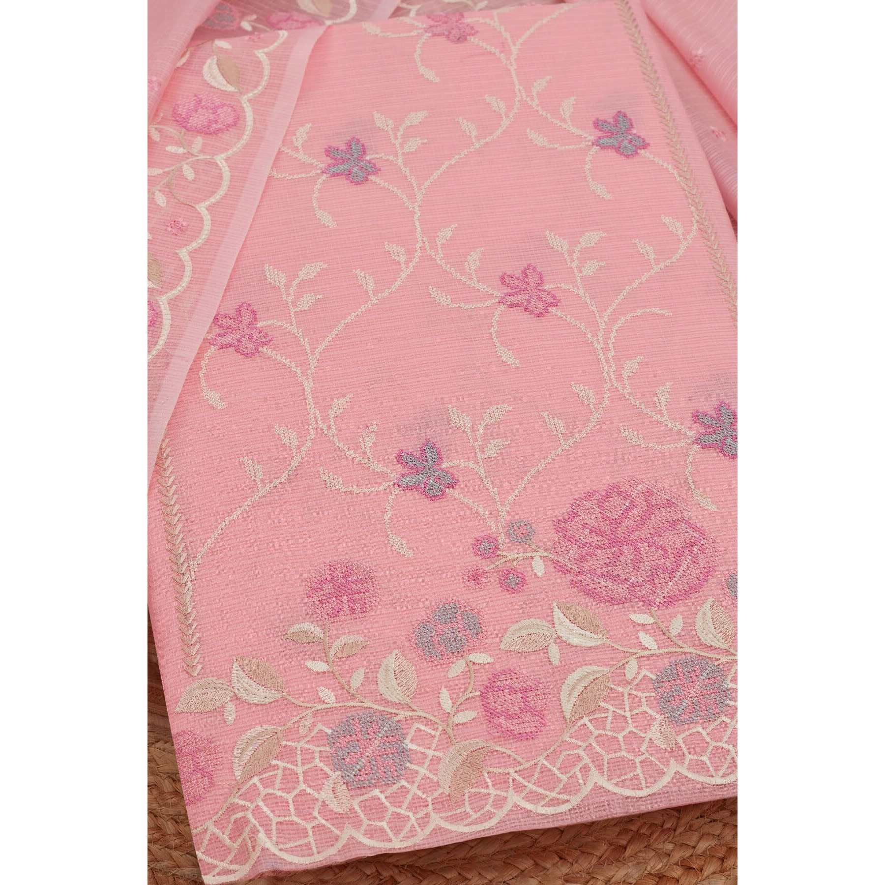 Soch Womens Pink Kota Embroidered Unstitch Dress Material With Thread Work
