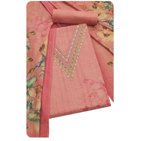 Soch Womens Onion Pink Linen Shimmer Floral Print Unstitch Dress Material With Zari