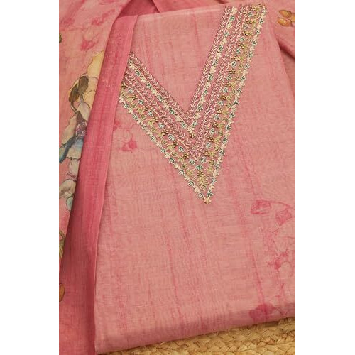 Soch Womens Onion Pink Linen Shimmer Floral Print Unstitch Dress Material With Zari