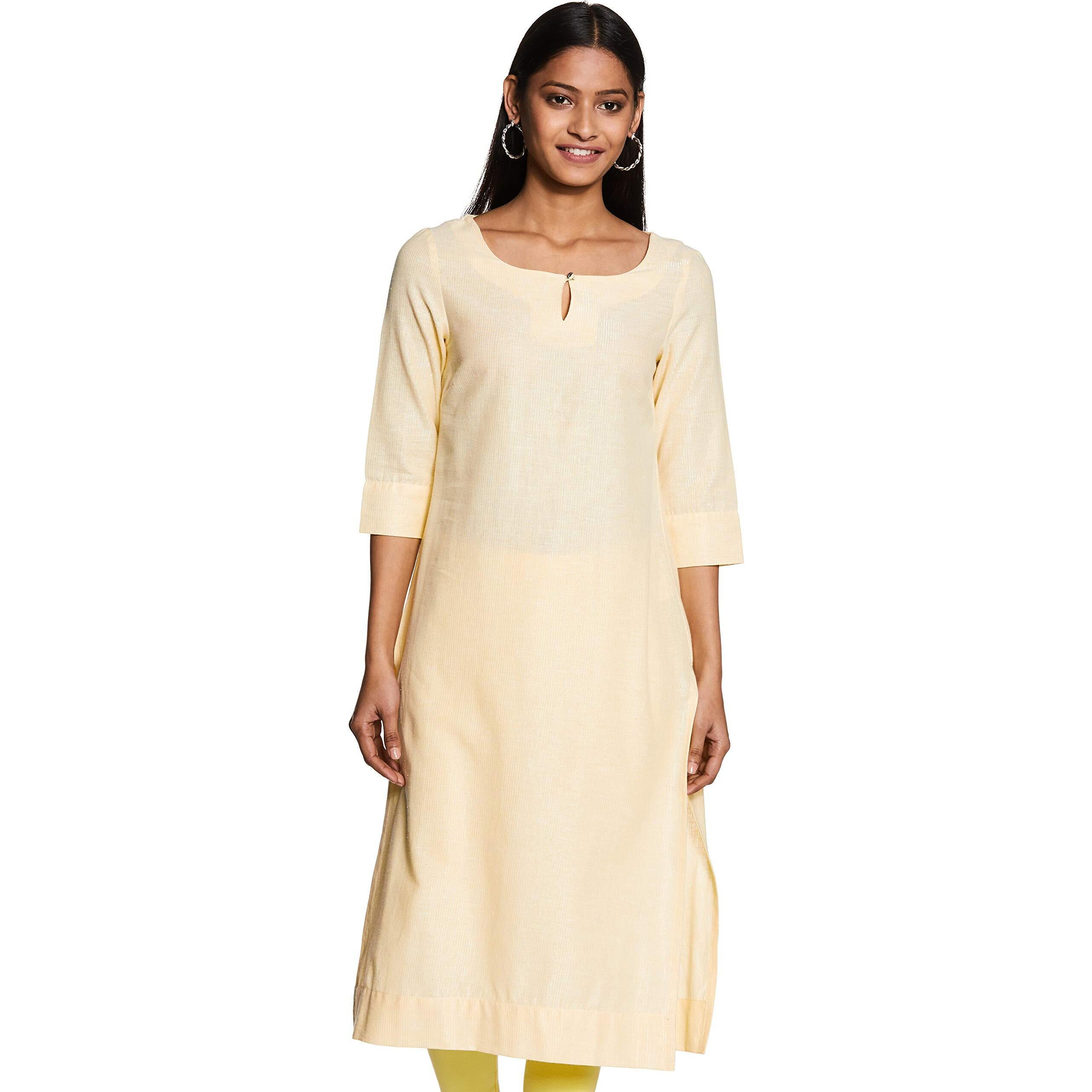W For Woman Women Yellow Stripes Print Cotton Blend Straight Fit Kurta_20Few13354-311438_3Xl