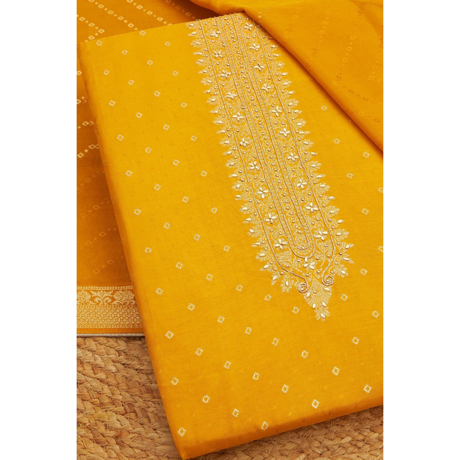 Soch Womens Yellow Silk Blend Zari Woven Unstitch Dress Material With Stone Work