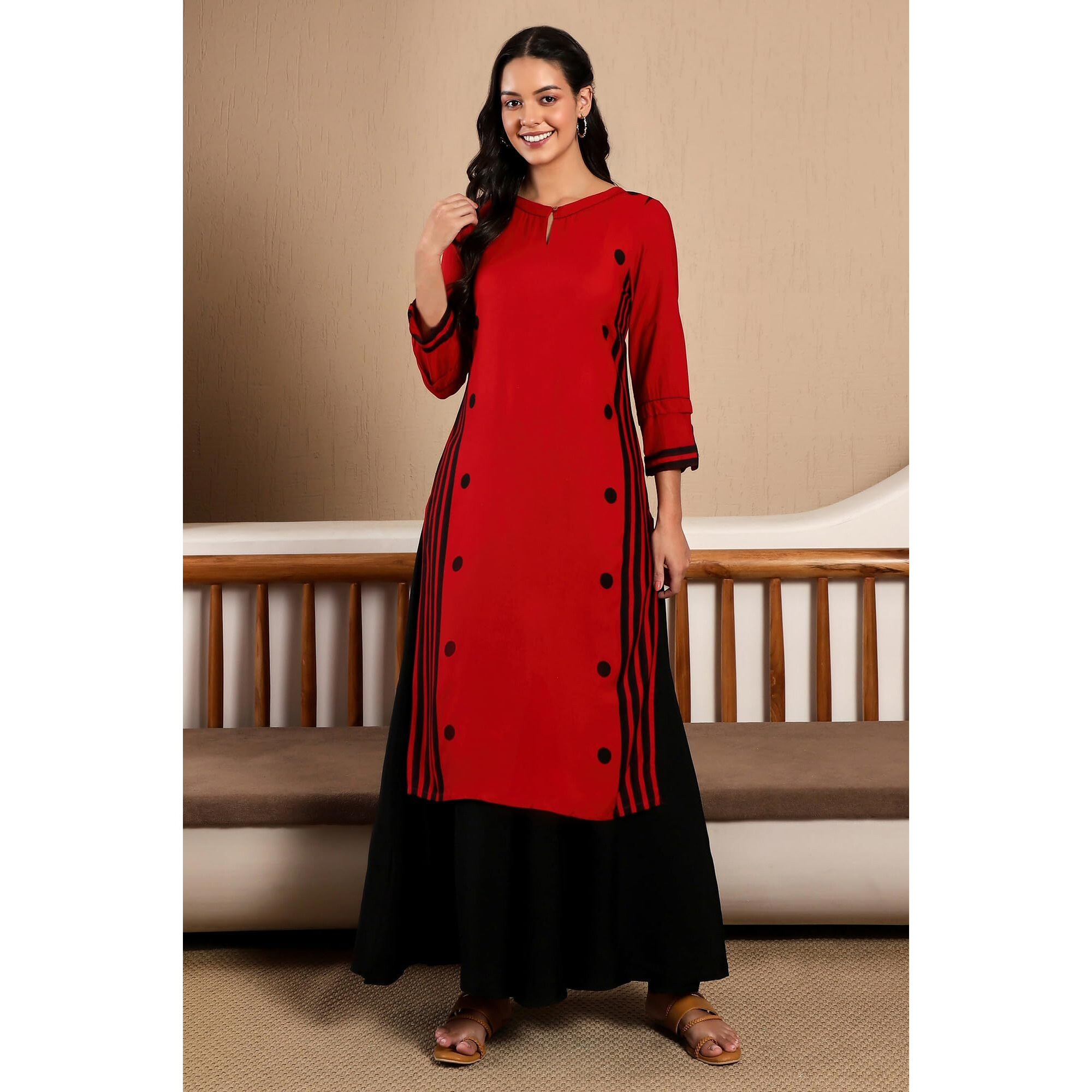 W For Woman Women's Rayon Kurta (20Few13228-113669_Red-Front_8 (Small))