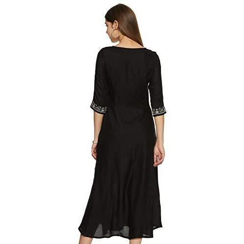 W For Woman Women's Rayon A-Line Midi Dress (20Few13247-213277_Black_6 (X-Small))