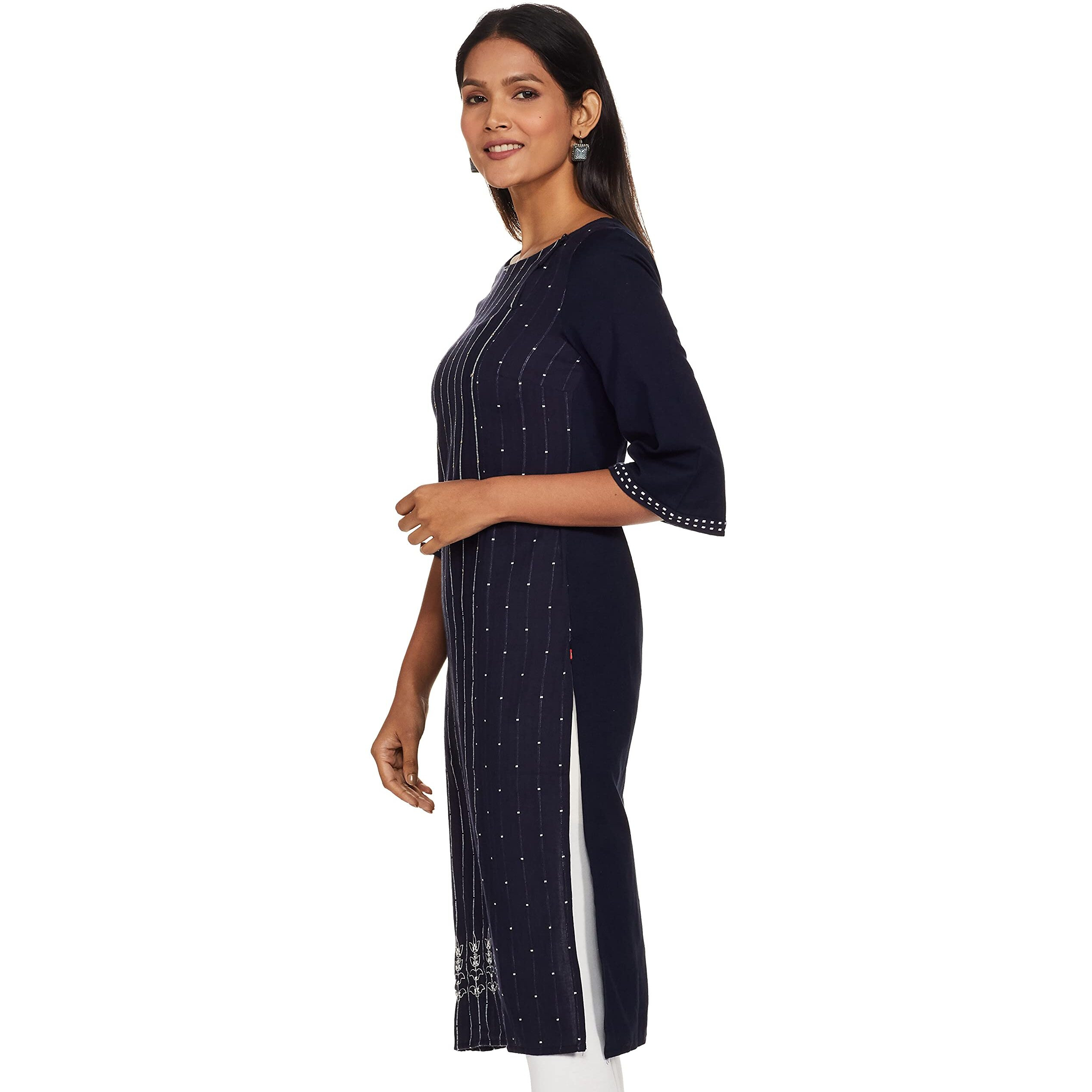 W For Woman Women's Cotton Straight Kurta (20Few13252-311451_ Navy_ 8 (Small))