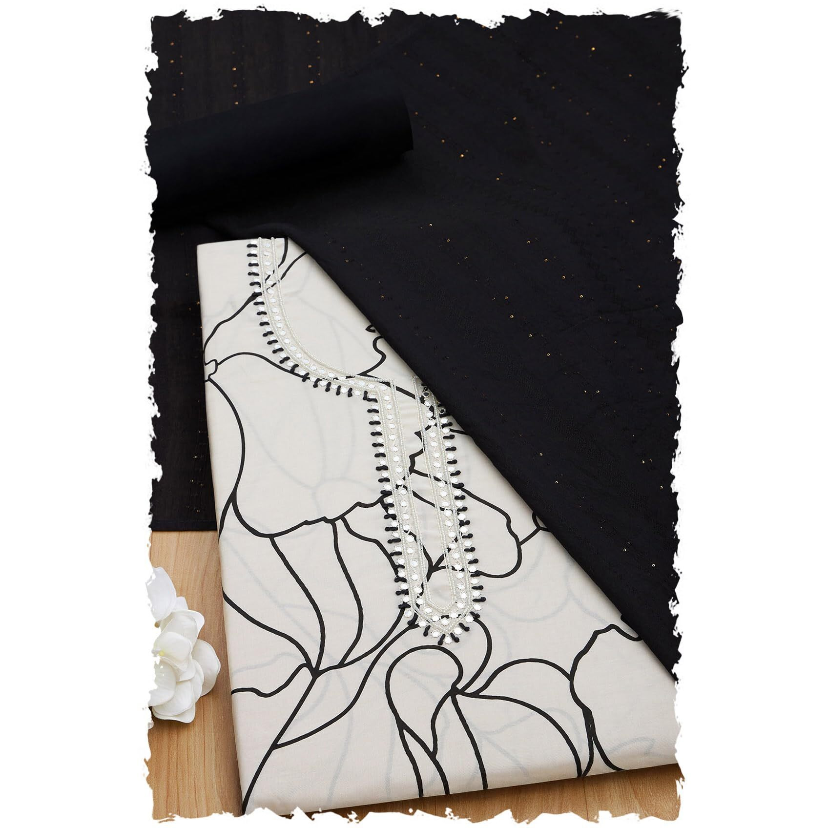 Soch Womens Cream Modal Silk Floral Print Unstitch Dress Material With Beads