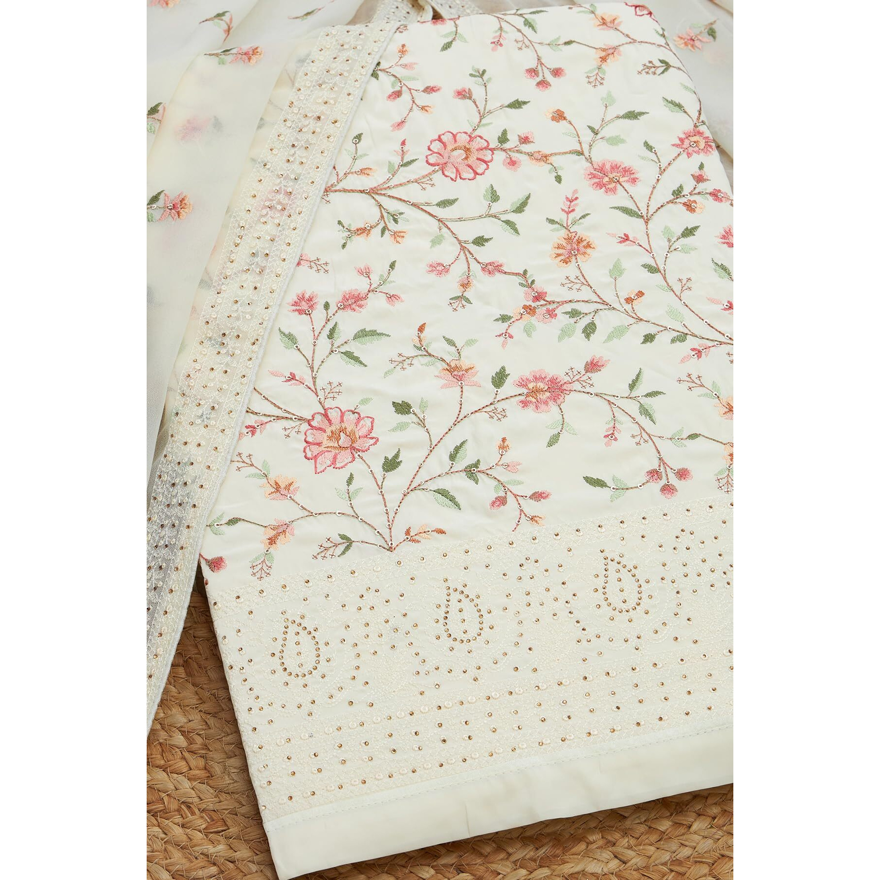 Soch Womens Cream Crepe Floral Print Unstitch Dress Material With Stone Work
