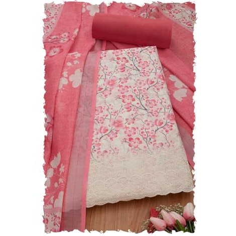 Soch Womens Pink Linen Floral Print Unstitch Dress Material With Thread Work