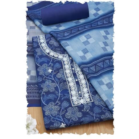 Soch Womens Indigo Linen Floral Print Unstitch Dress Material With Thread Work