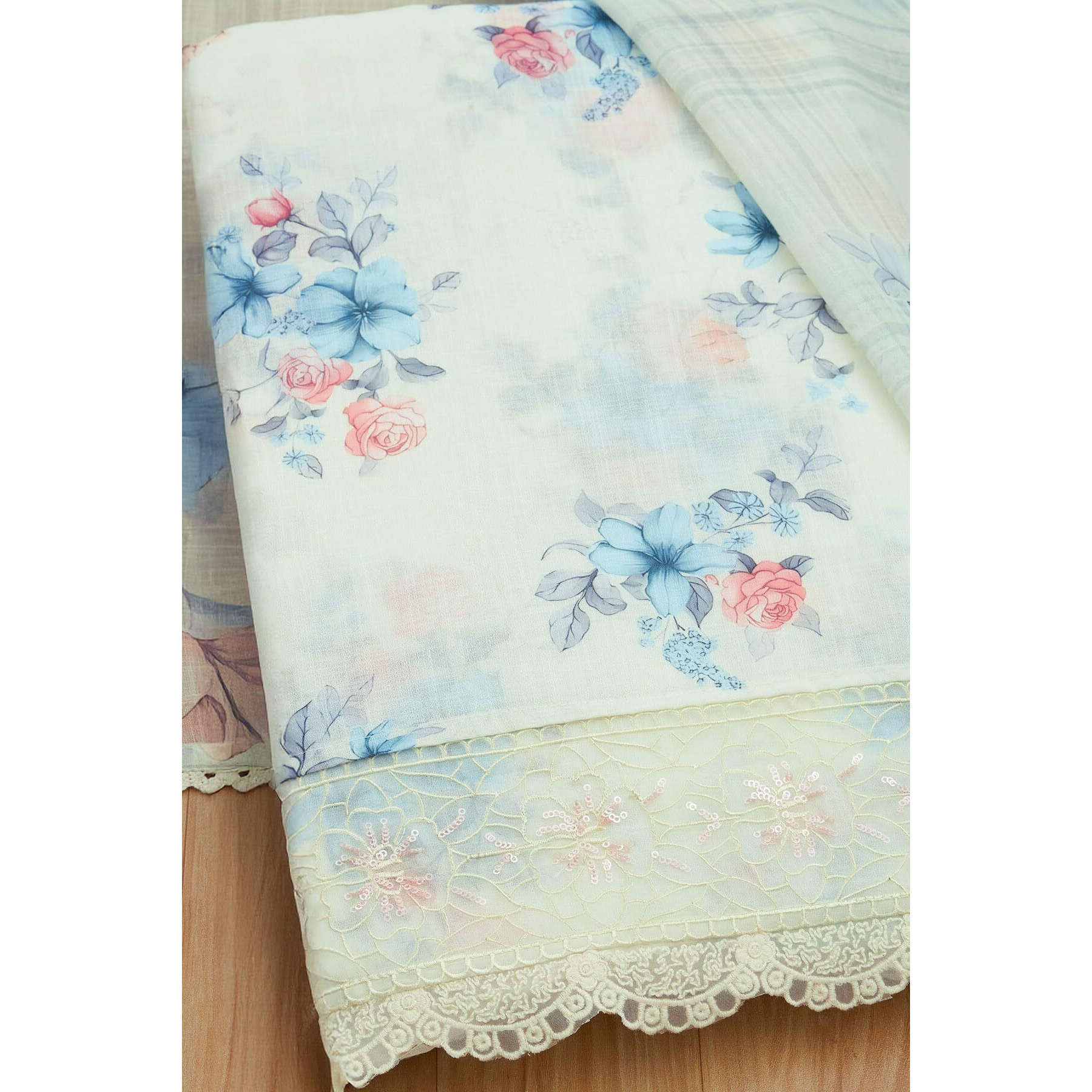 Soch Womens Cream Linen Floral Print Unstitch Dress Material With Thread Work