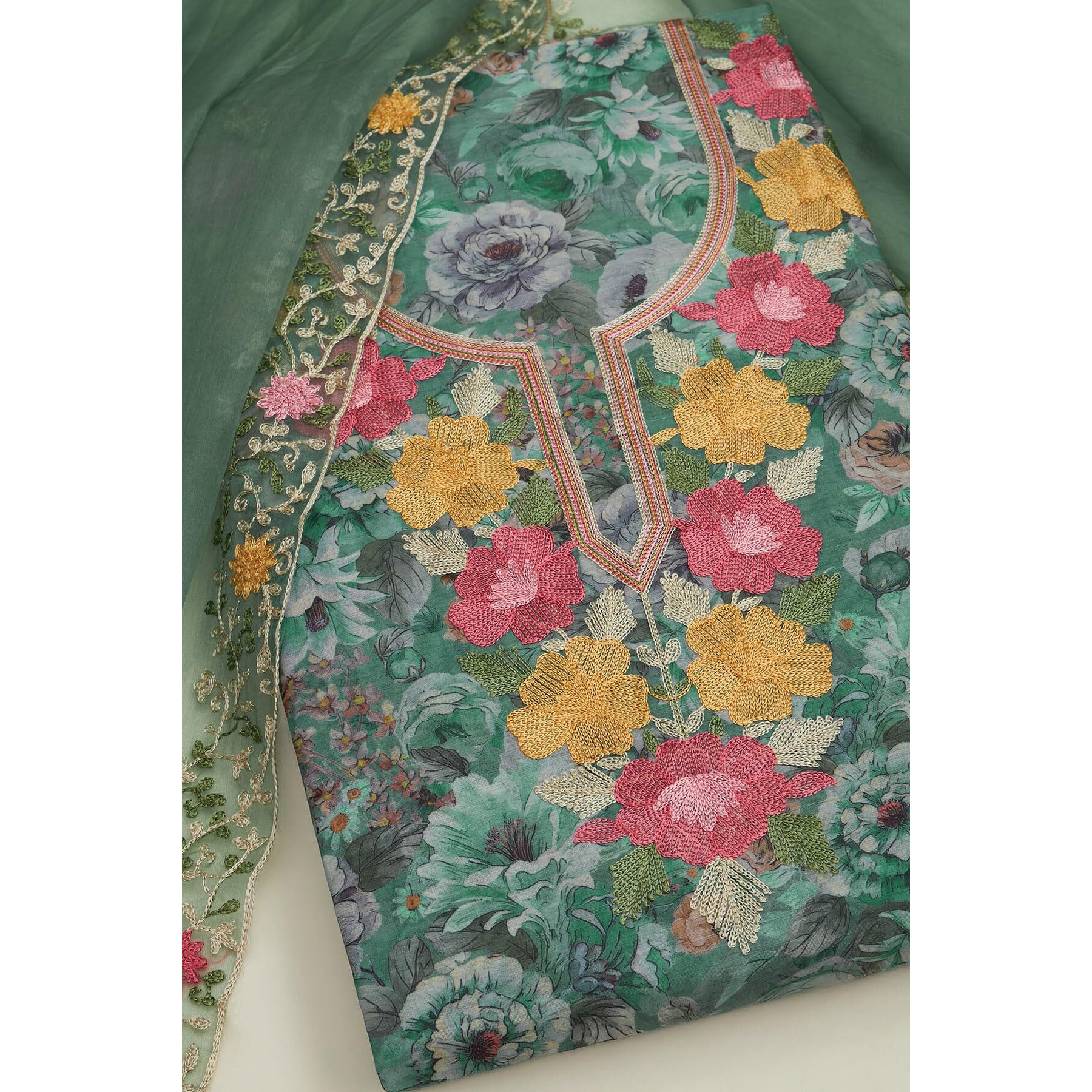 Soch Womens Green Chanderi Floral Print Unstitch Dress Material With Thread Work