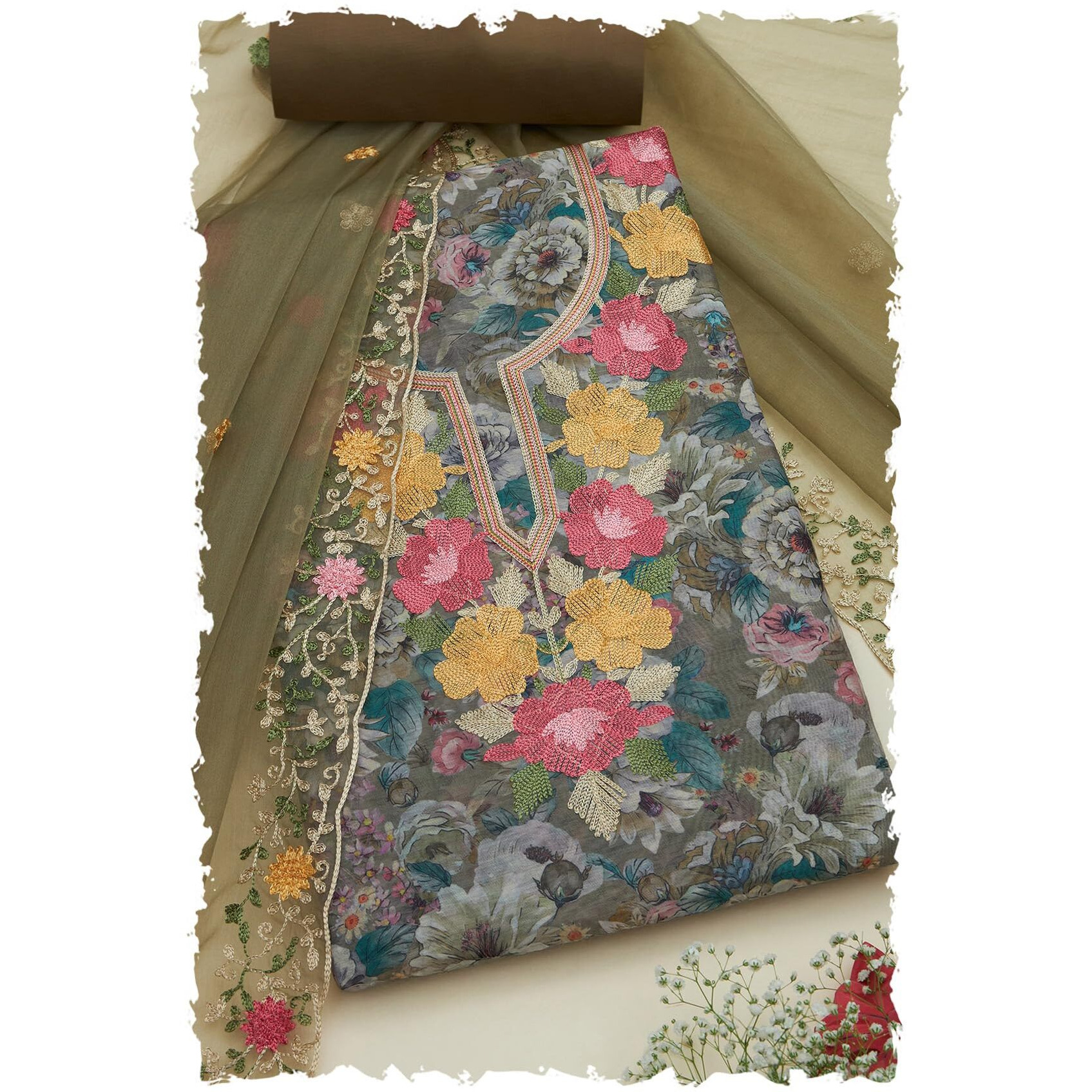 Soch Womens Olive Chanderi Floral Print Unstitch Dress Material With Thread Work