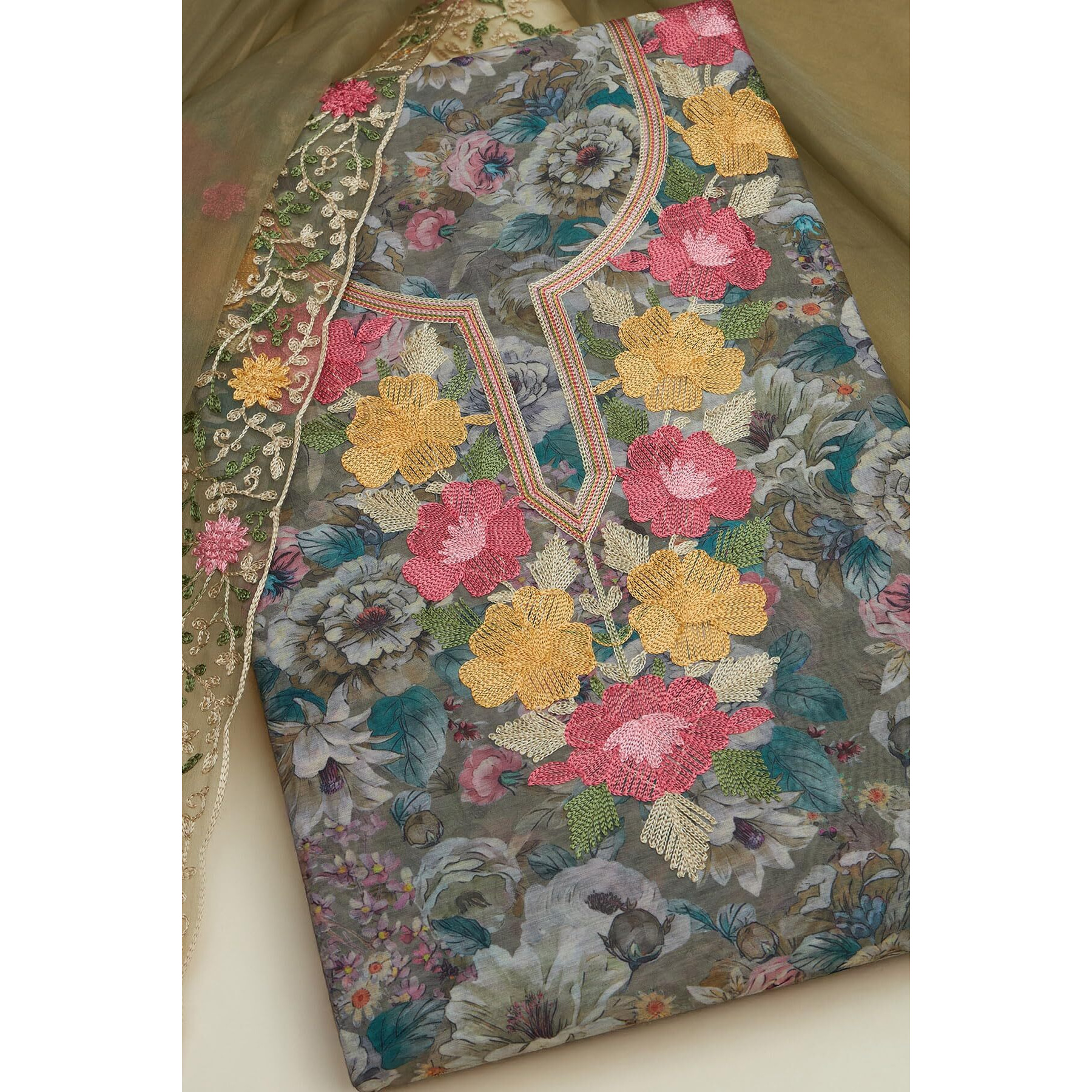 Soch Womens Olive Chanderi Floral Print Unstitch Dress Material With Thread Work