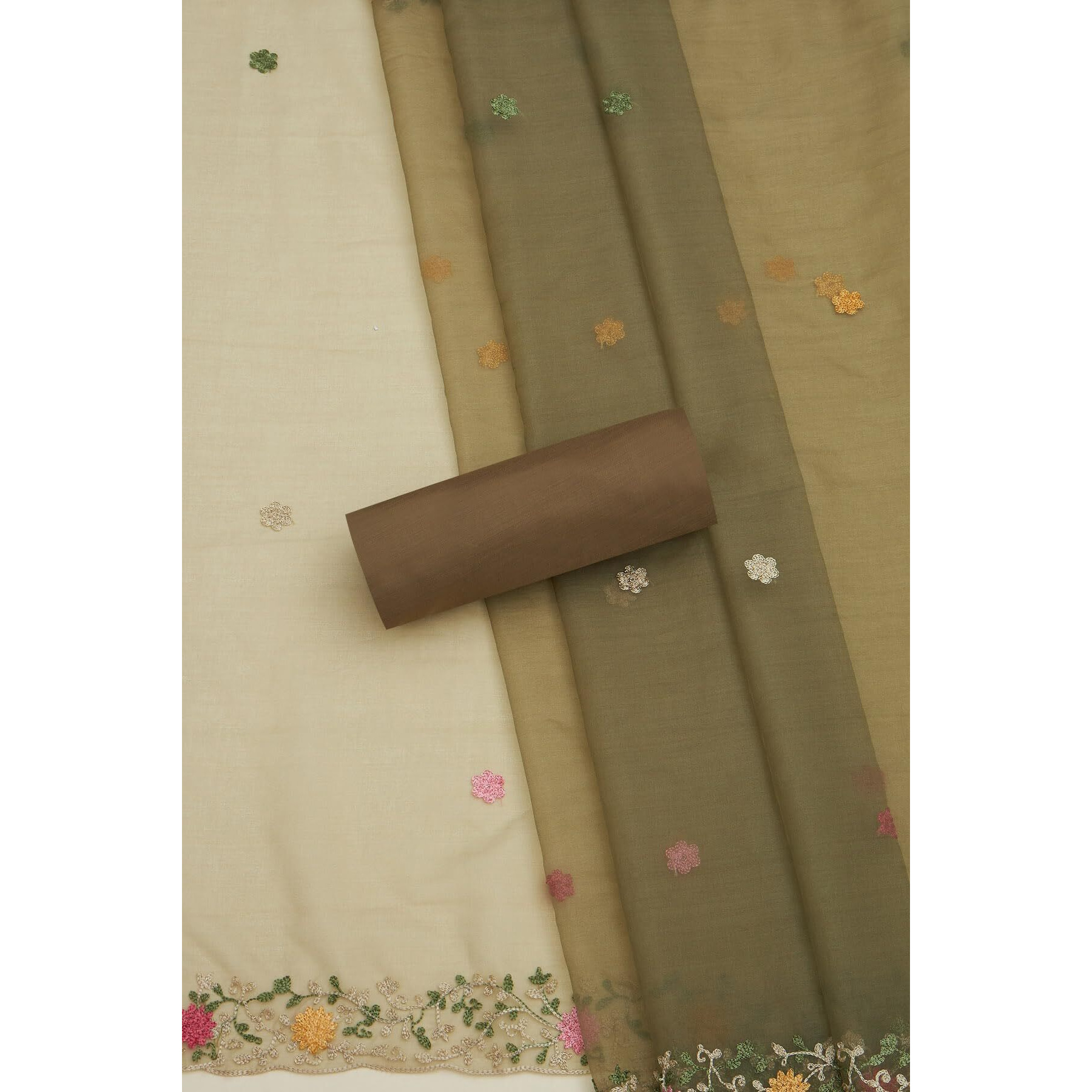 Soch Womens Olive Chanderi Floral Print Unstitch Dress Material With Thread Work