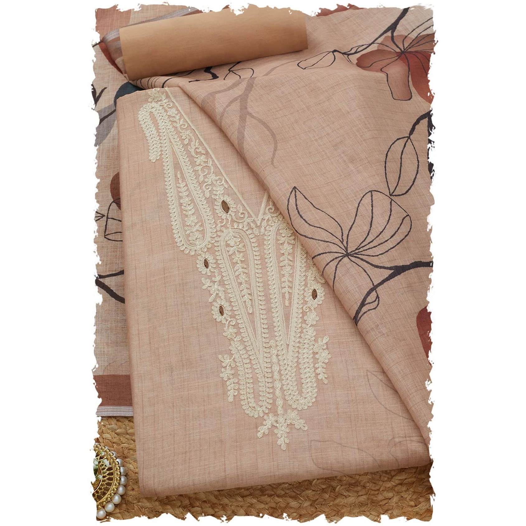 Soch Womens Beige Linen Embroidered Unstitch Dress Material With Thread Work