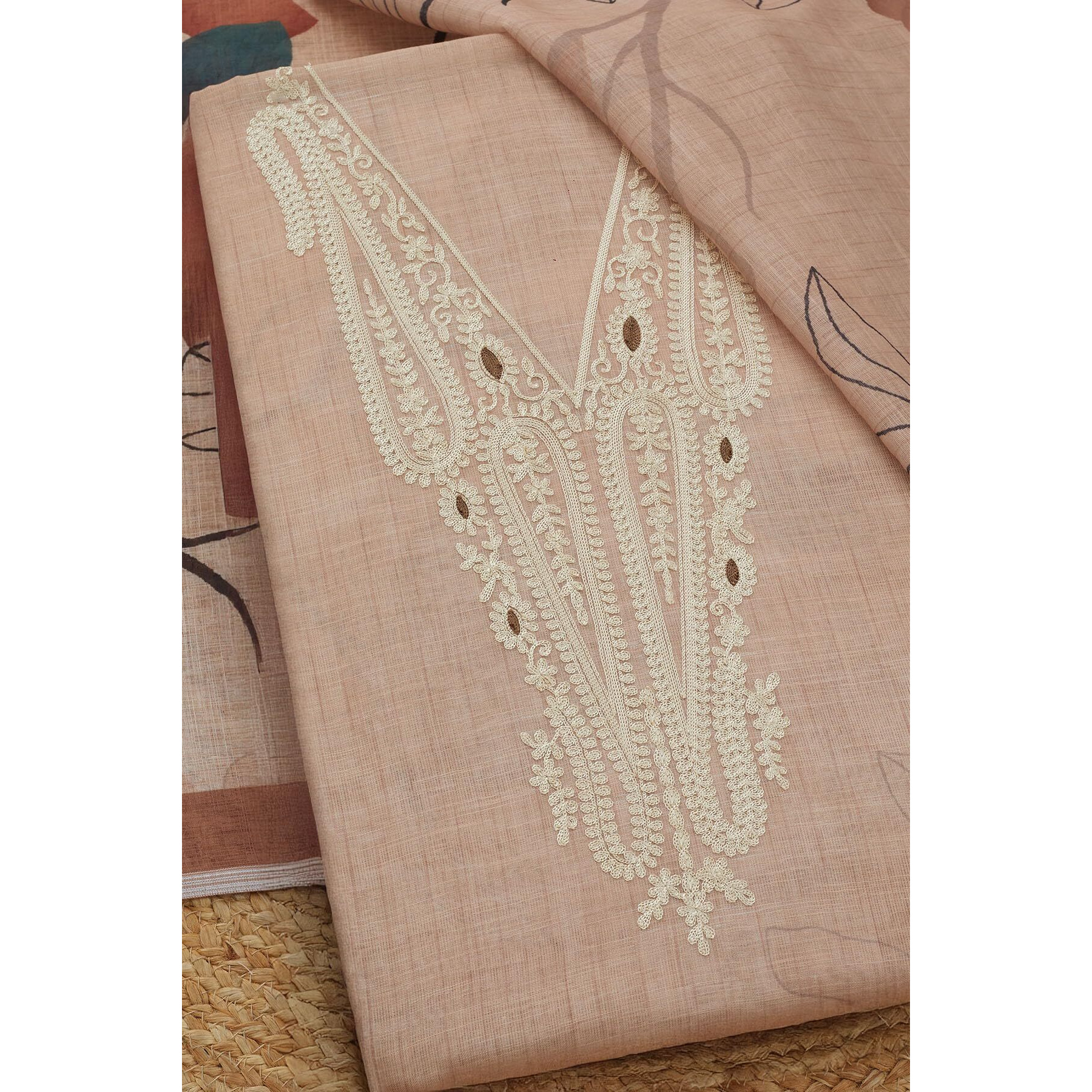 Soch Womens Beige Linen Embroidered Unstitch Dress Material With Thread Work