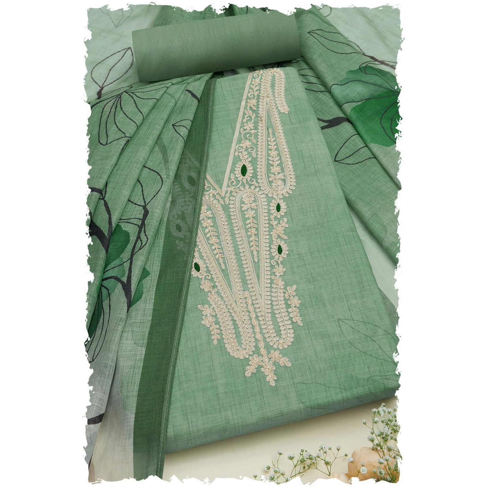 Soch Womens Sap Green Linen Embroidered Unstitch Dress Material With Thread Work