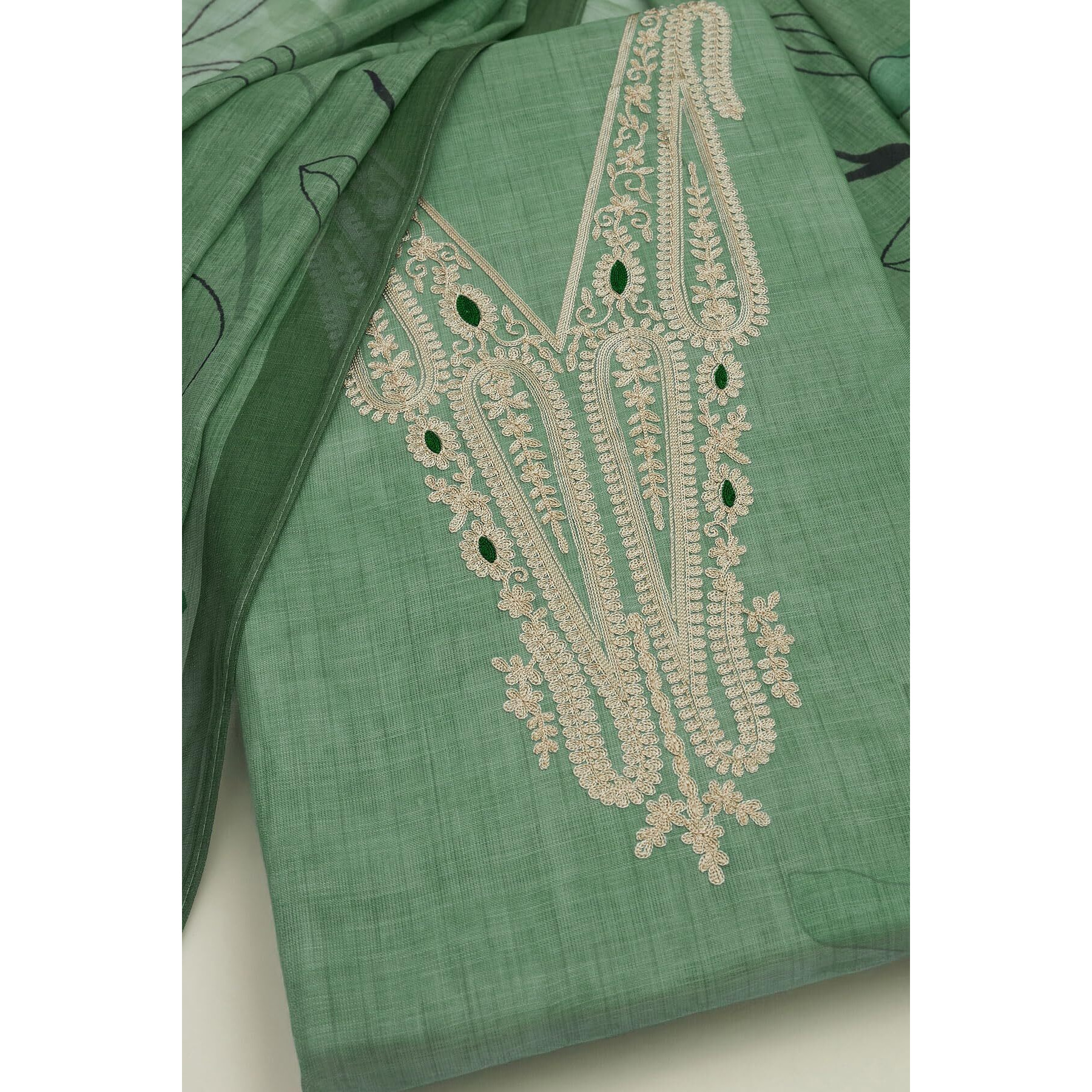 Soch Womens Sap Green Linen Embroidered Unstitch Dress Material With Thread Work