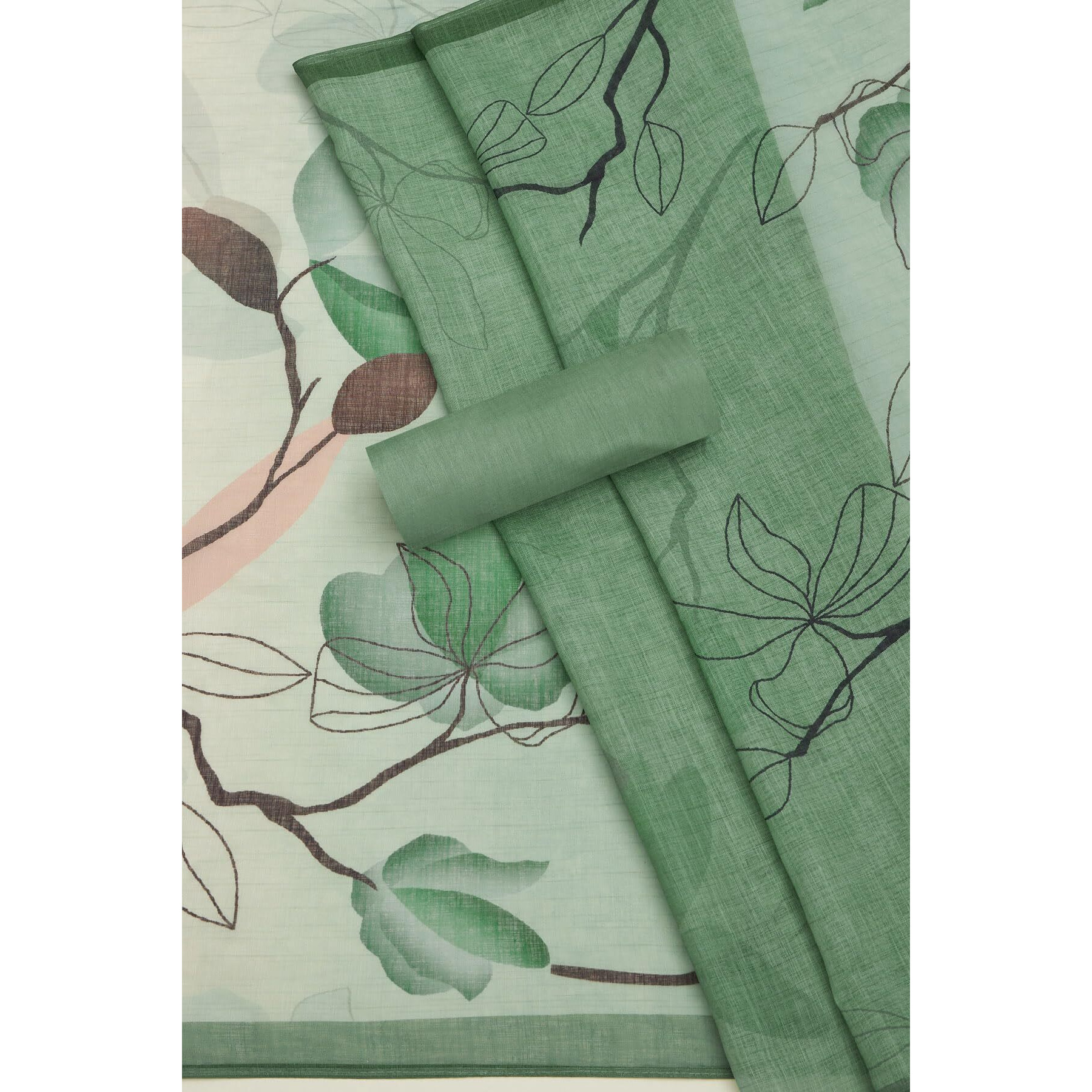 Soch Womens Sap Green Linen Embroidered Unstitch Dress Material With Thread Work