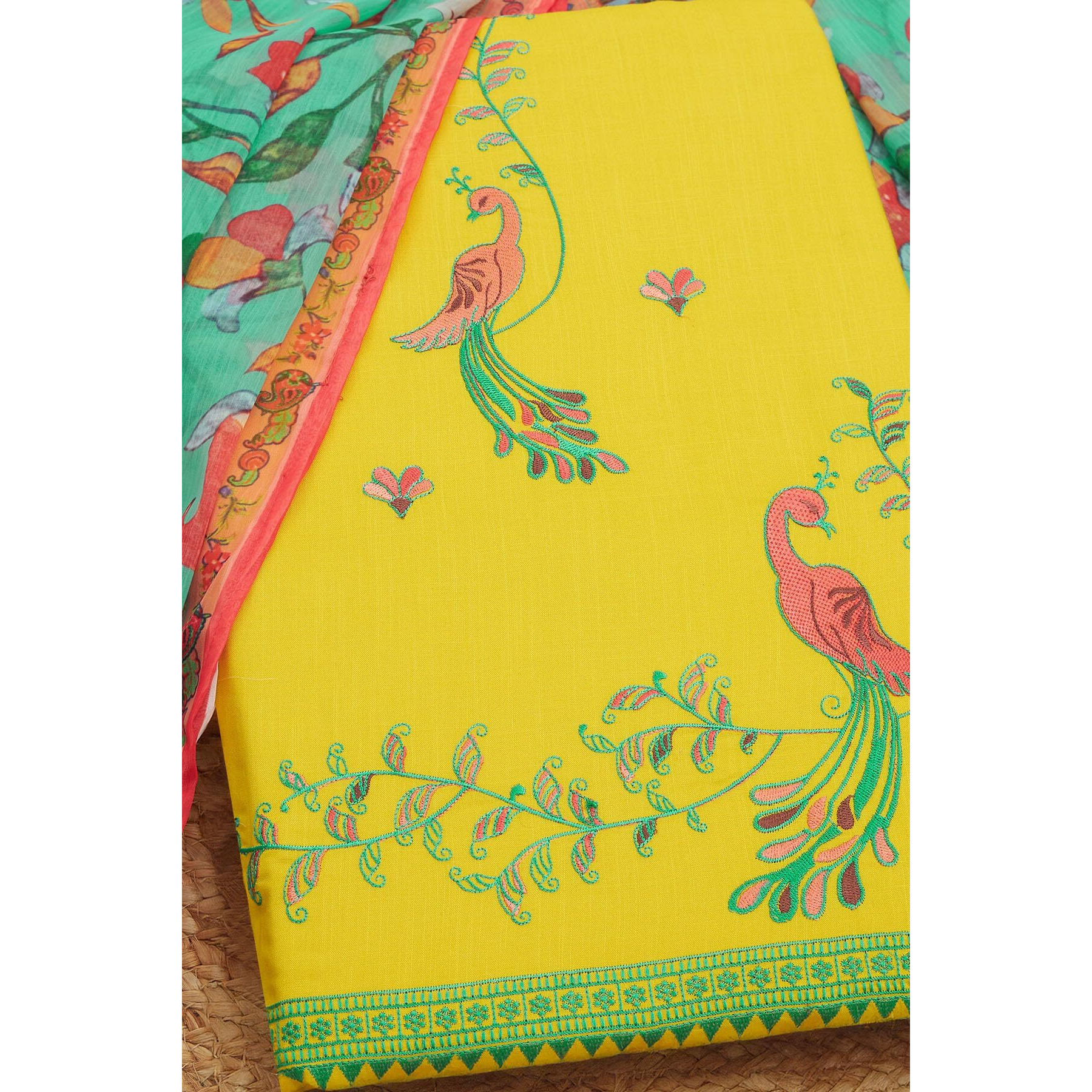 Soch Womens Yellow Cotton Embroidered Unstitch Dress Material With Thread Work