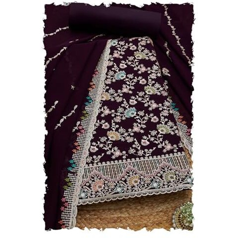 Soch Womens Wine Georgette Embroidered Unstitch Dress Material With Sequins