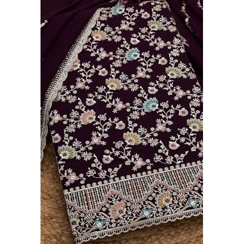 Soch Womens Wine Georgette Embroidered Unstitch Dress Material With Sequins