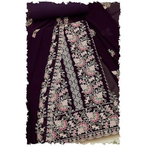 Soch Womens Wine Georgette Embroidered Unstitch Dress Material With Thread Work