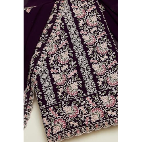 Soch Womens Wine Georgette Embroidered Unstitch Dress Material With Thread Work