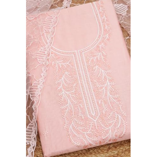 Soch Womens Peach Chanderi Embroidered Unstitch Dress Material With Thread Work