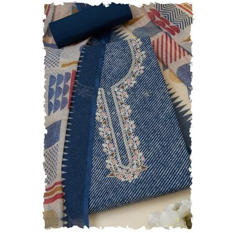 Soch Womens Navy Blue Linen Leheriya Print Unstitch Dress Material With Thread Work