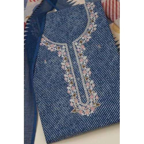 Soch Womens Navy Blue Linen Leheriya Print Unstitch Dress Material With Thread Work