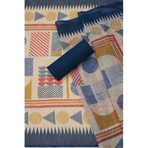 Soch Womens Navy Blue Linen Leheriya Print Unstitch Dress Material With Thread Work