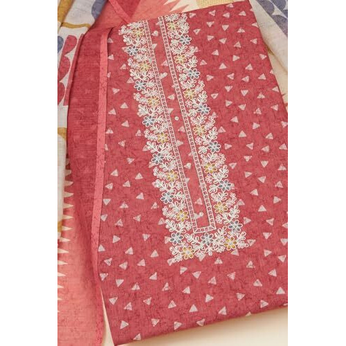 Soch Womens Rust Linen Geometric Print Unstitch Dress Material With Thread Work