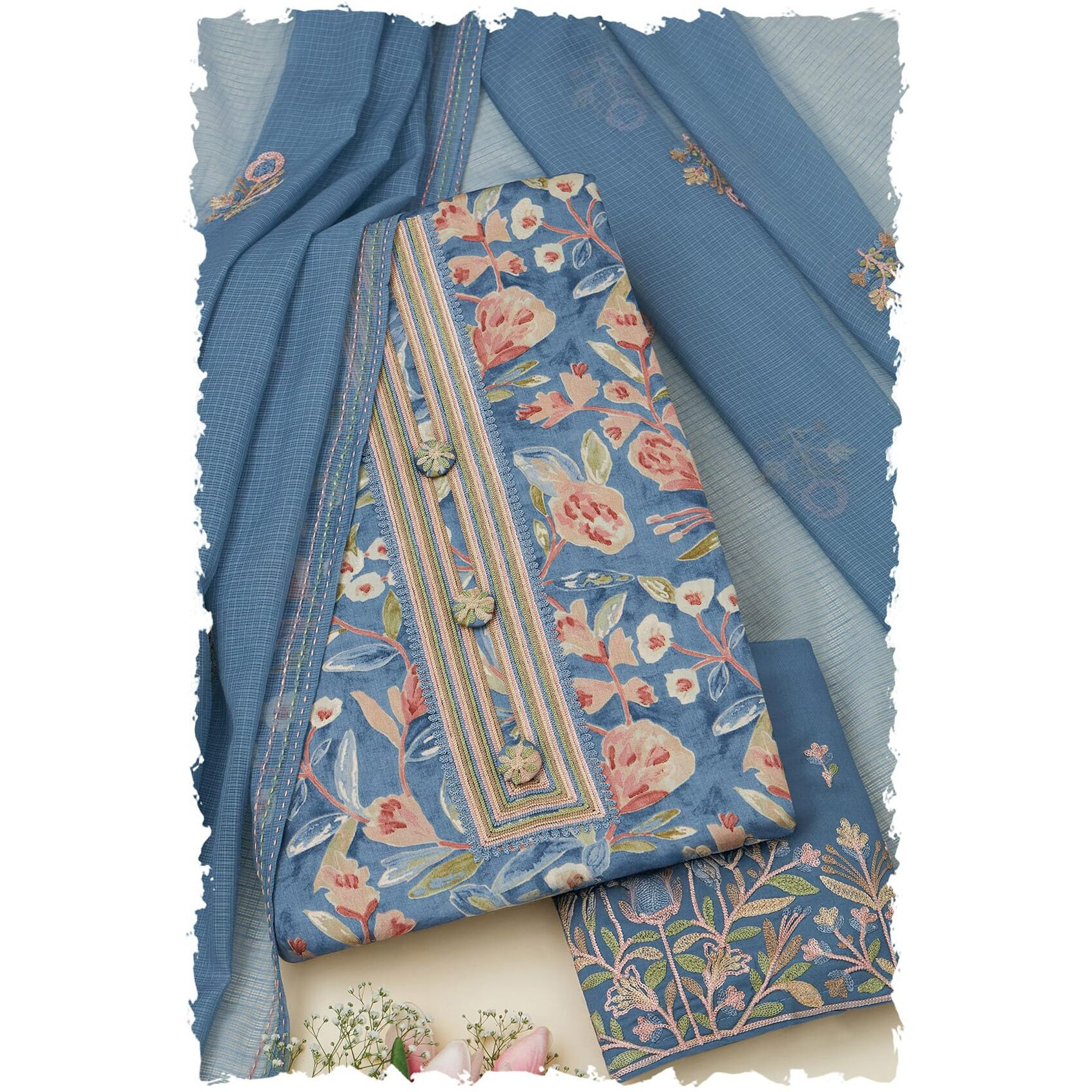 Soch Womens Powder Blue Cotton Floral Print Unstitch Dress Material With Thread Work