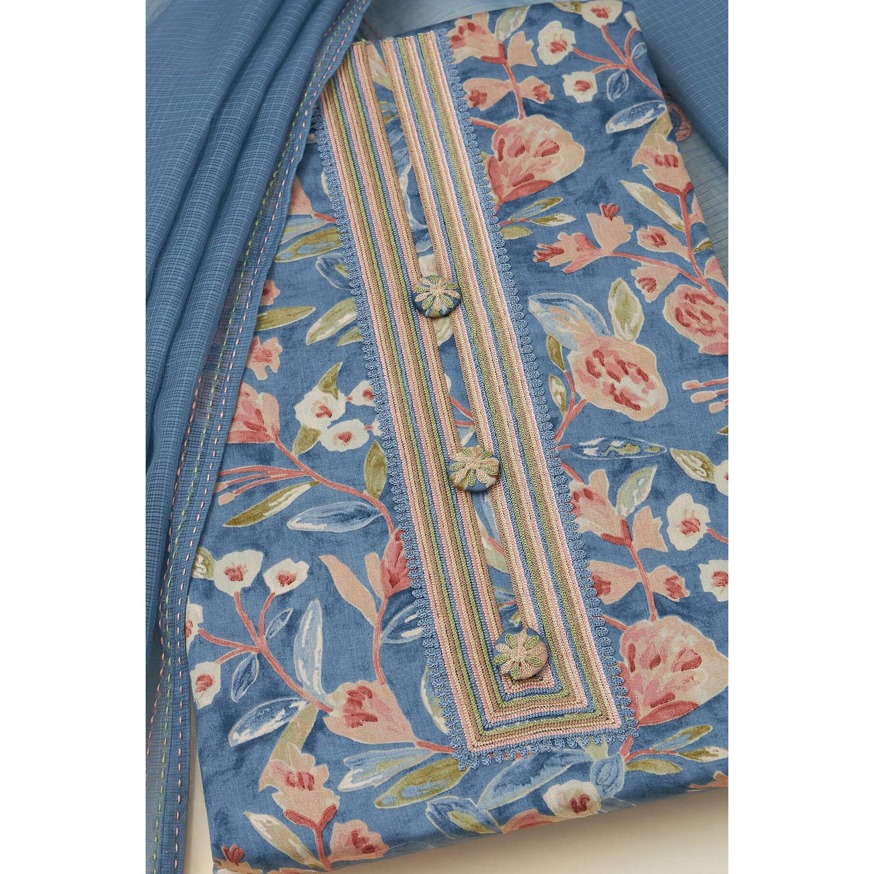 Soch Womens Powder Blue Cotton Floral Print Unstitch Dress Material With Thread Work
