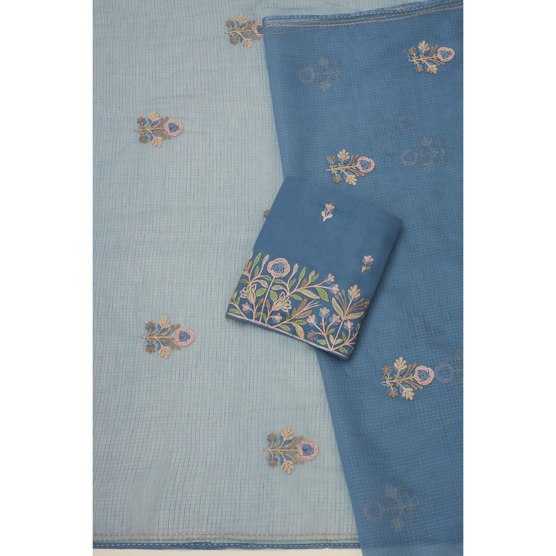 Soch Womens Powder Blue Cotton Floral Print Unstitch Dress Material With Thread Work