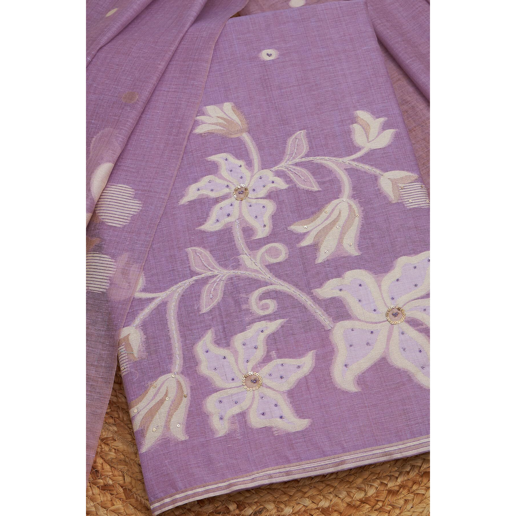 Soch Womens Lavender Chanderi Floral Print Unstitch Dress Material With Beads