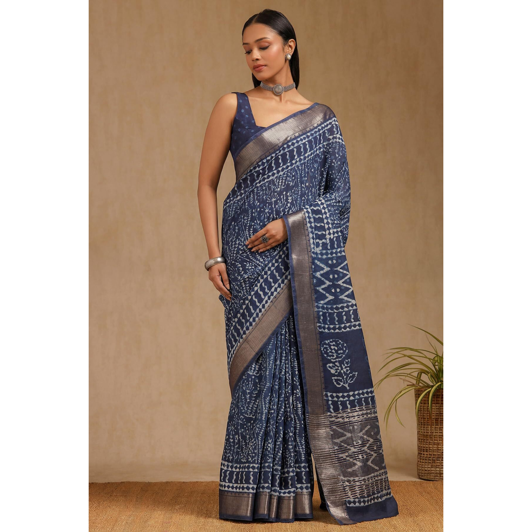 Soch Womens Indigo Viscose Block Print Saree