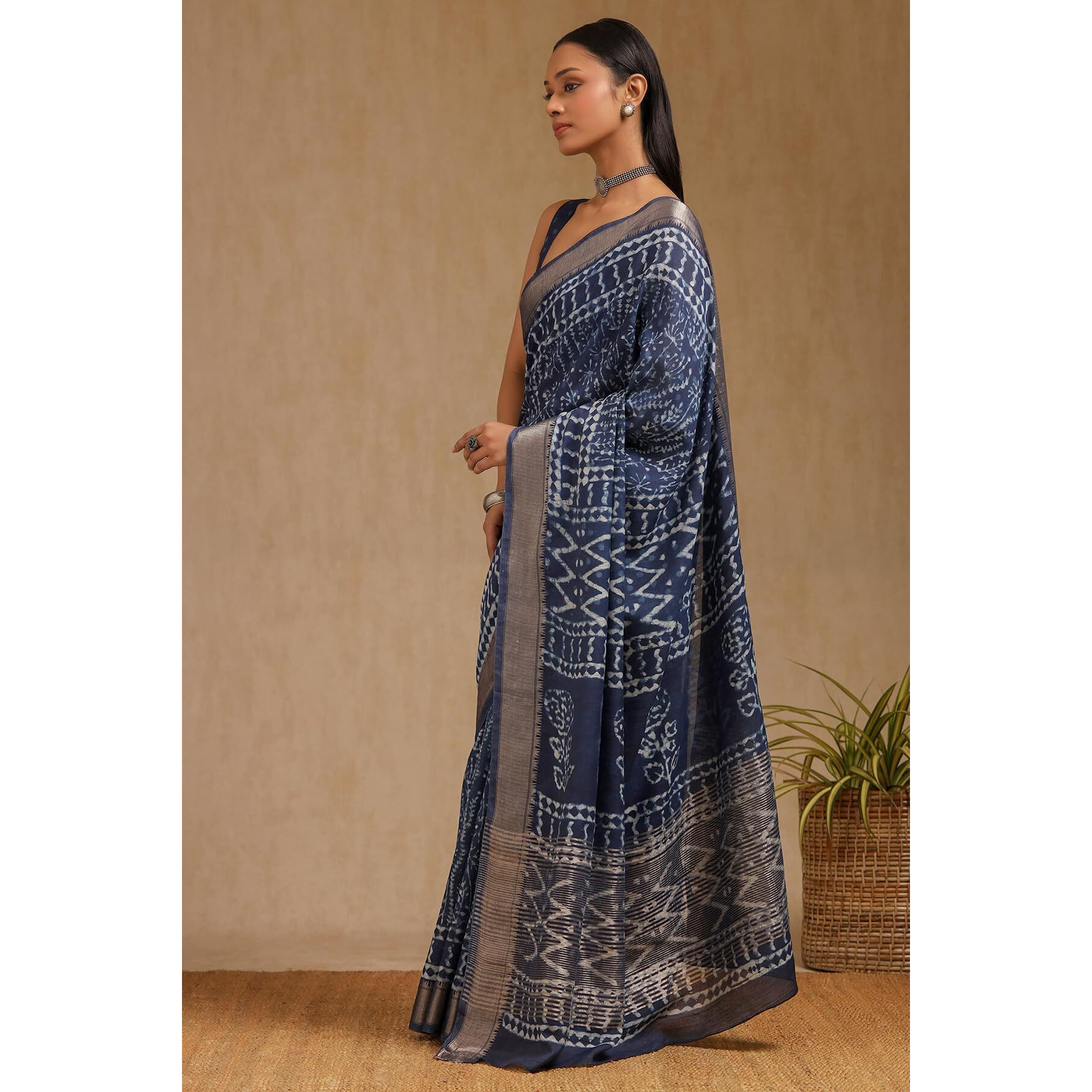 Soch Womens Indigo Viscose Block Print Saree