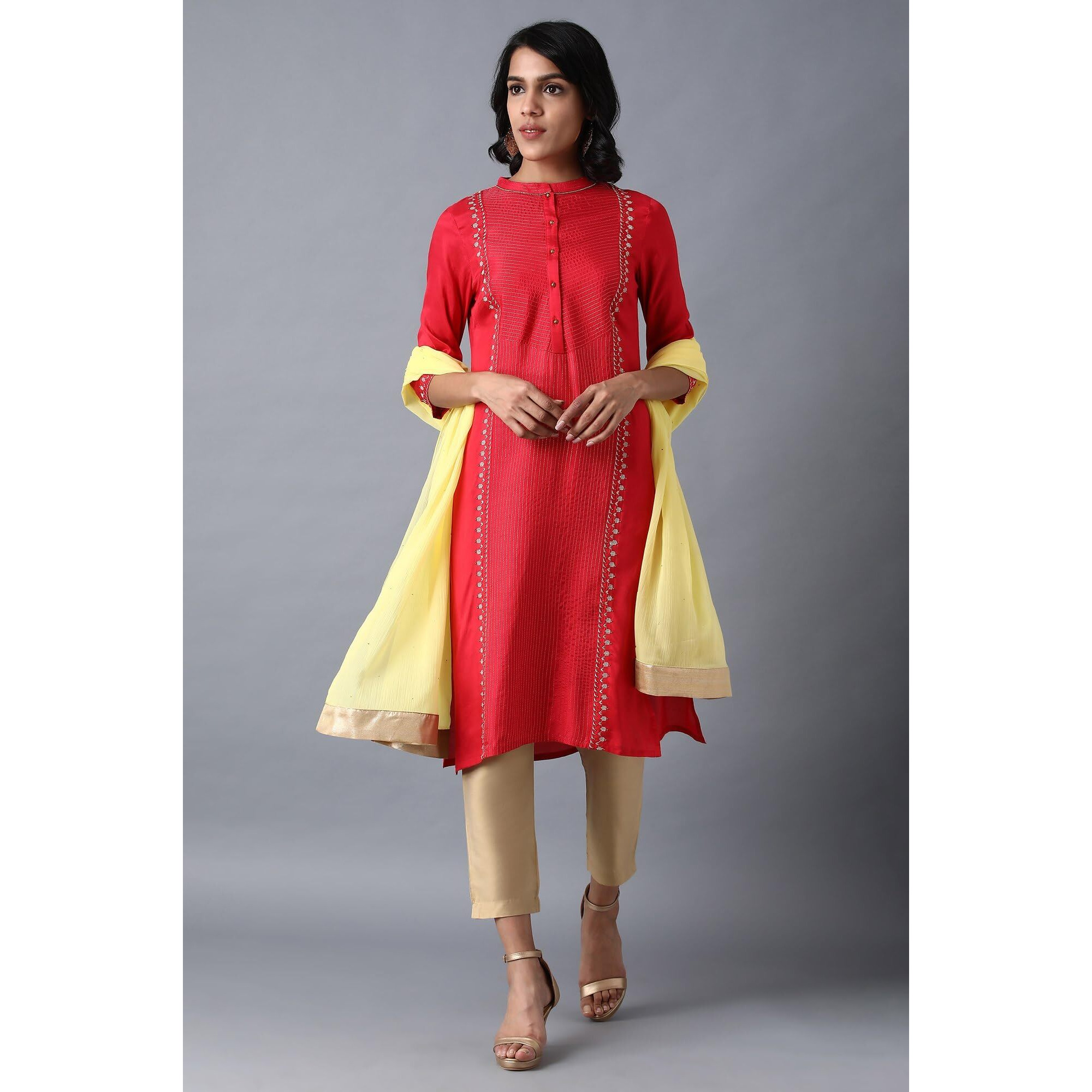 W For Woman Women Yellow Silver Chiffon Dupatta, Free Size