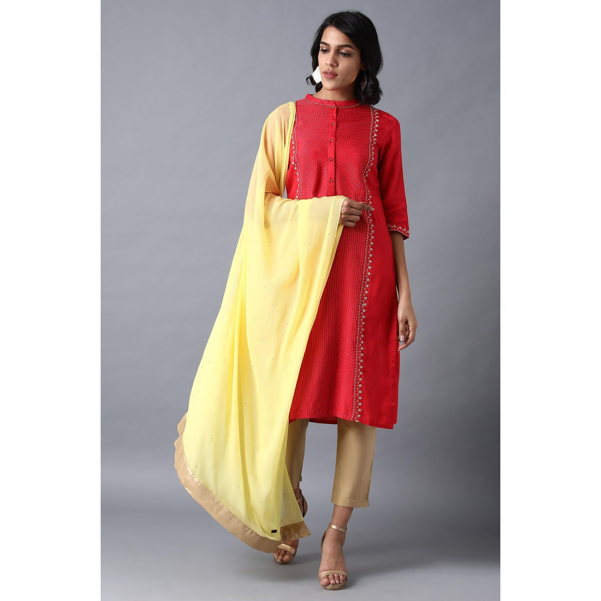 W For Woman Women Yellow Silver Chiffon Dupatta, Free Size