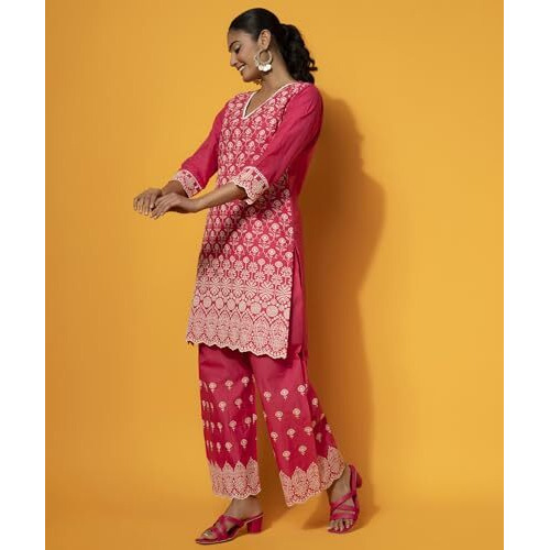 Libas Women's Cotton Embroidered Co-Ords (27373_Pink