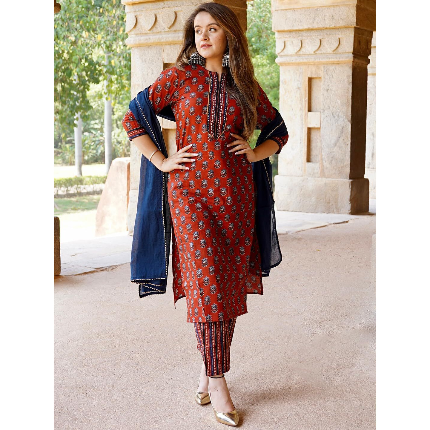 Libas Women's Cotton Kurta Set (27391_Rust_Xs)