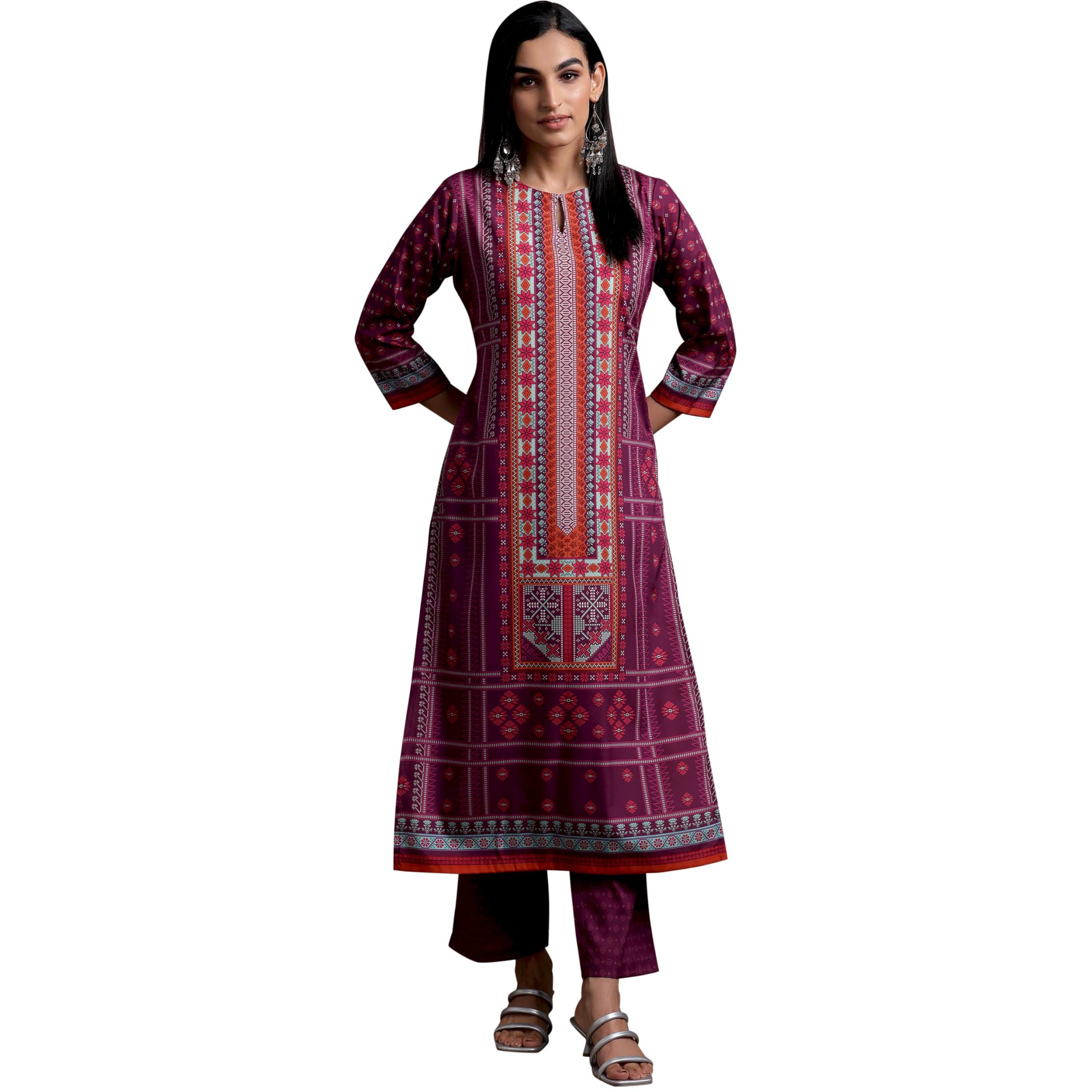 Libas Womens Printed Crepe Straight Kurta With Trousers
