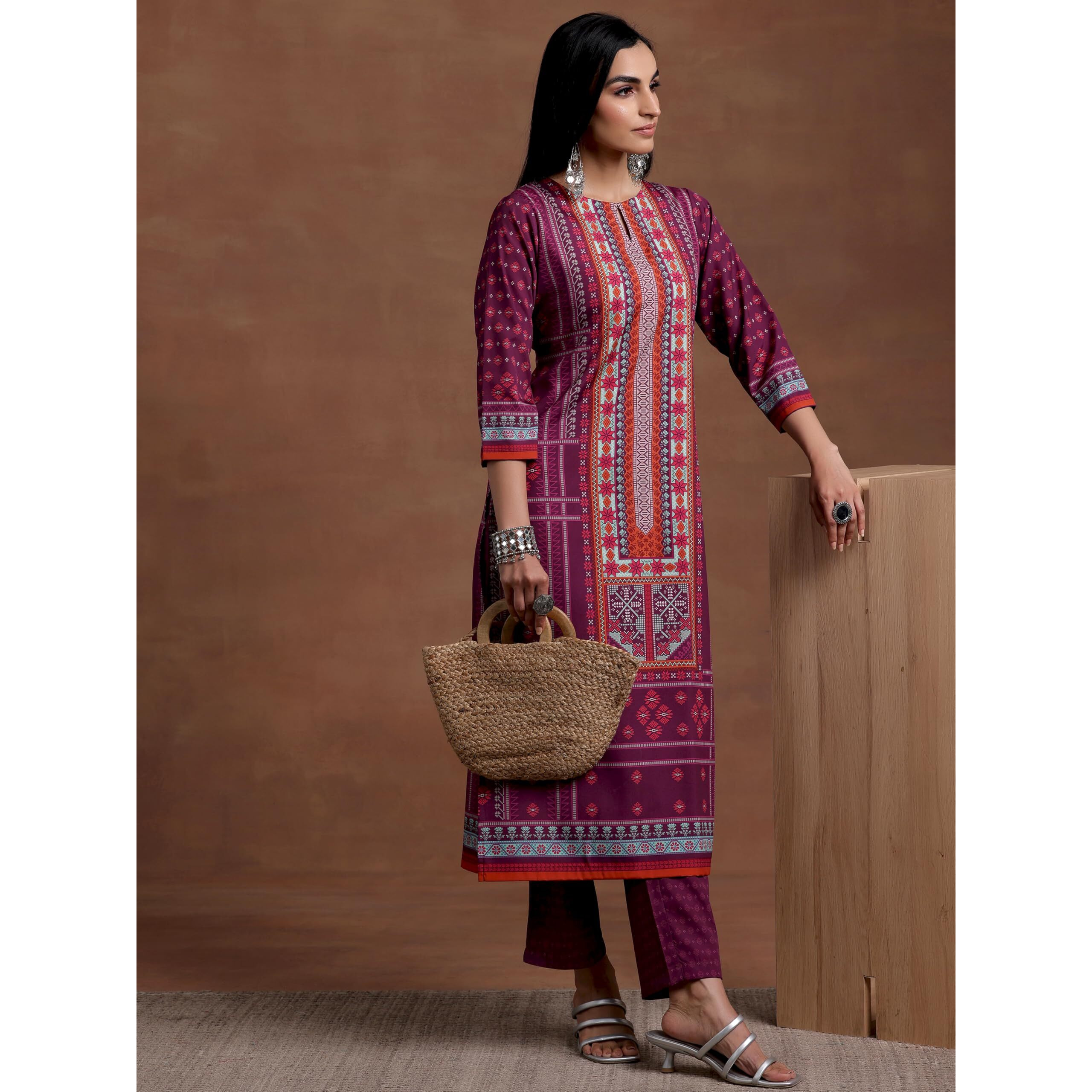 Libas Womens Printed Crepe Straight Kurta With Trousers