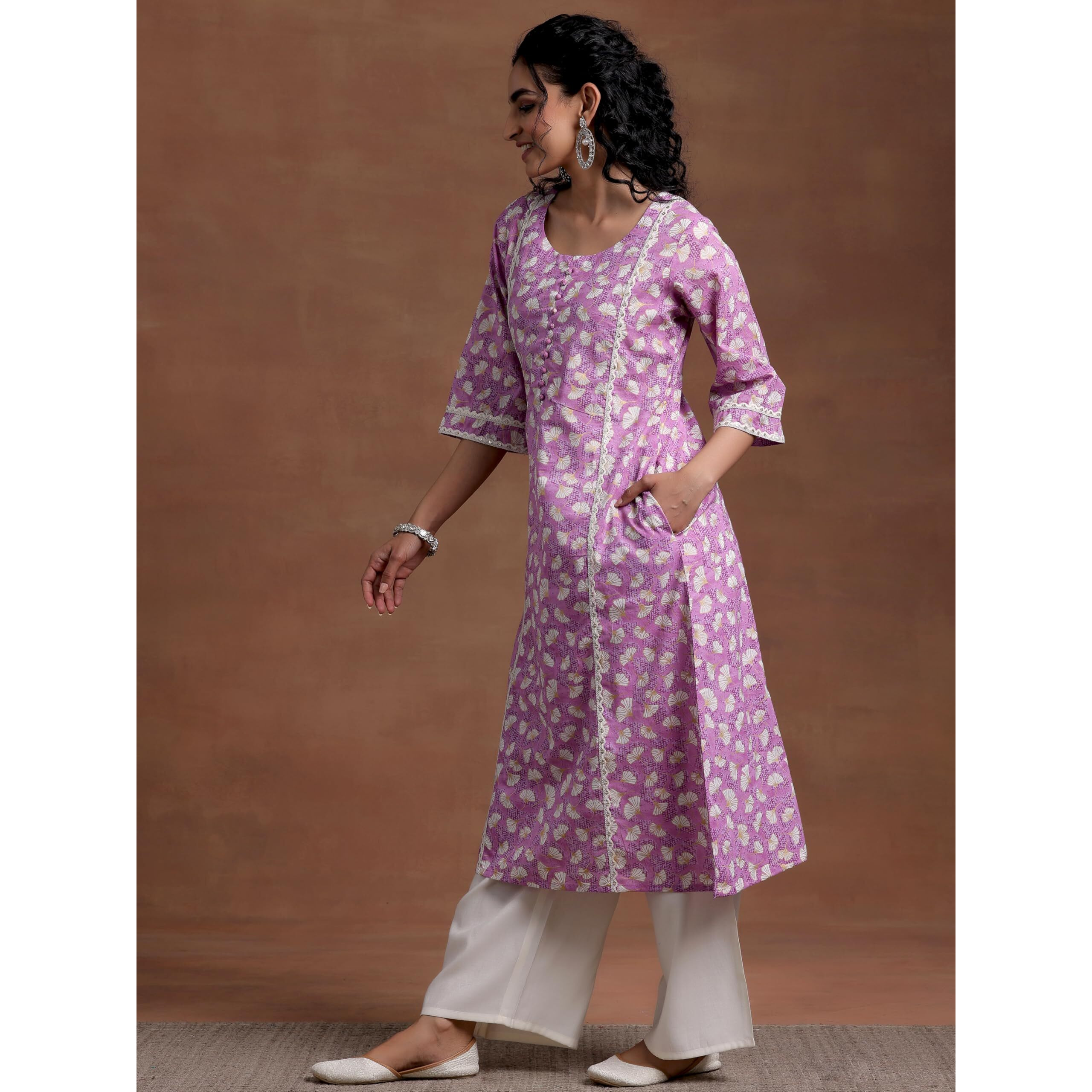 Libas Women's Cotton Printed A-Line Kurta (29013_Purple