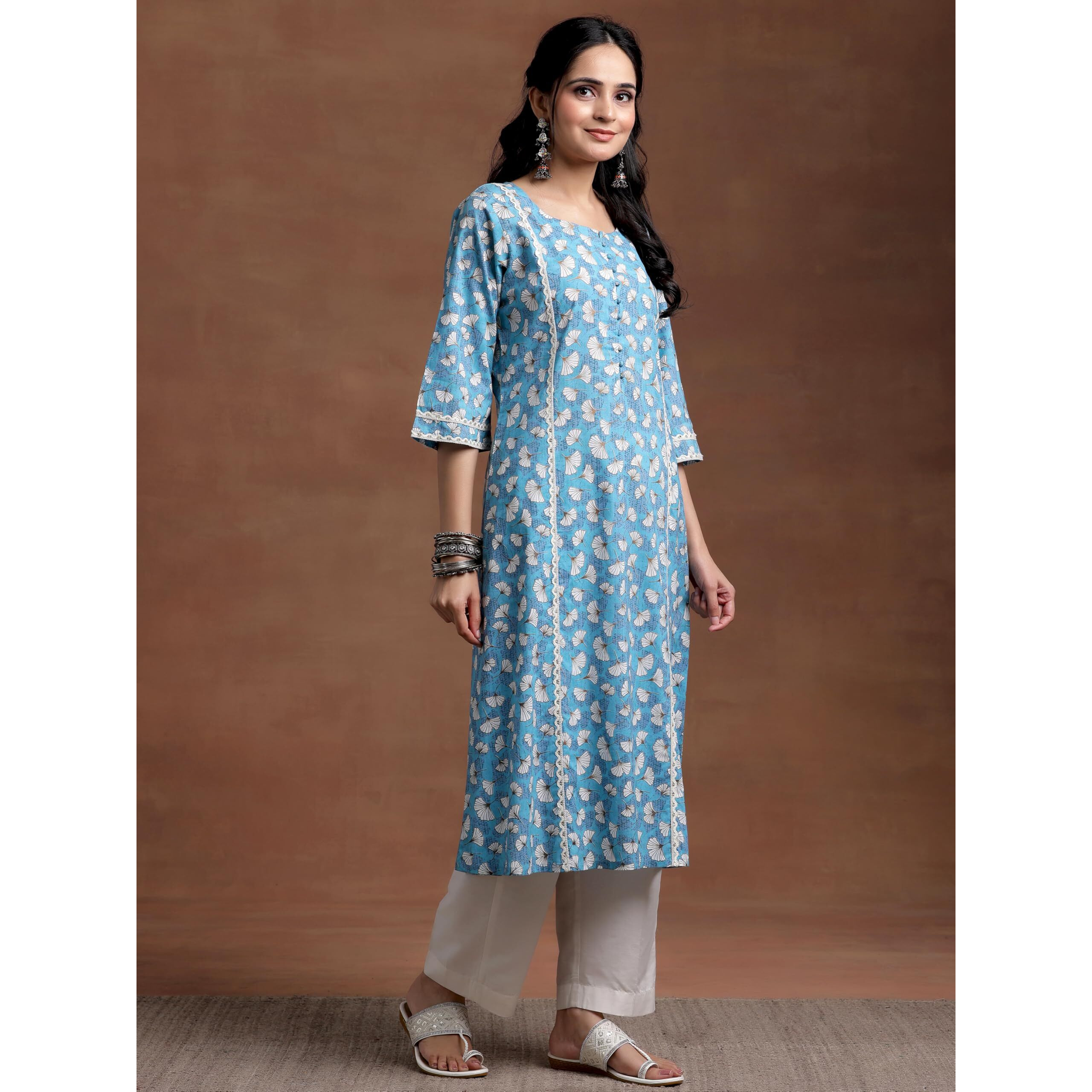 Libas Women's Cotton Printed A-Line Kurta (29014_Blue