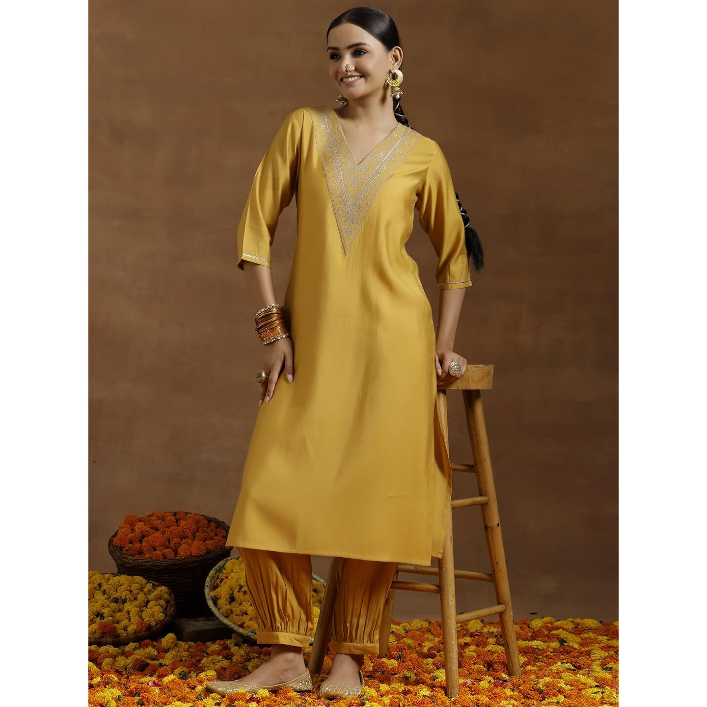 Libas Gerua Womens Yoke Design Silk Blend Straight Kurta With Salwar